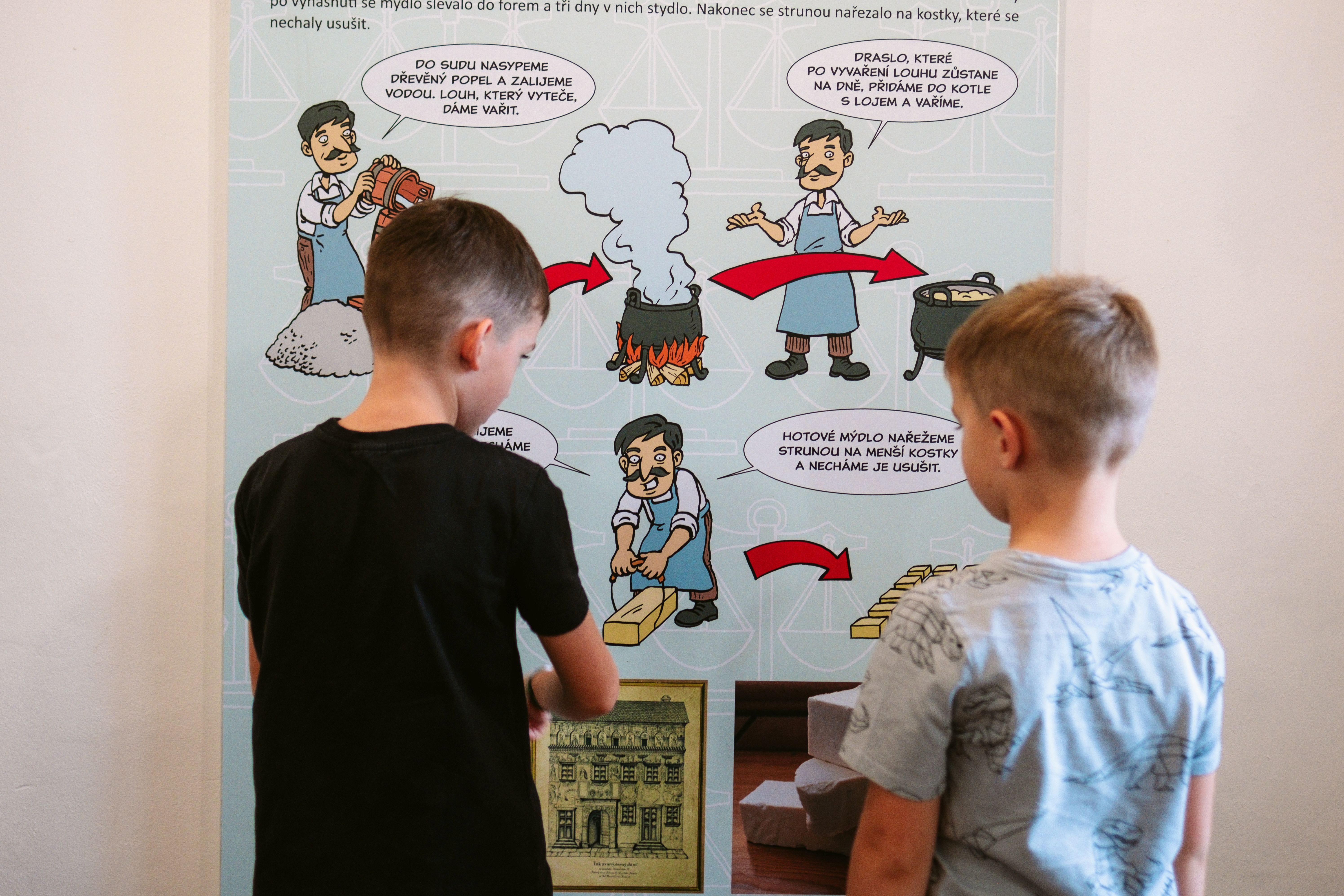 V Cestách časem najdete kromě exponátů i tabule s popisky. Průvodci jsou kupec Caligardi a písař Suchenius. Skutečné postavy z historie Třebíče. 